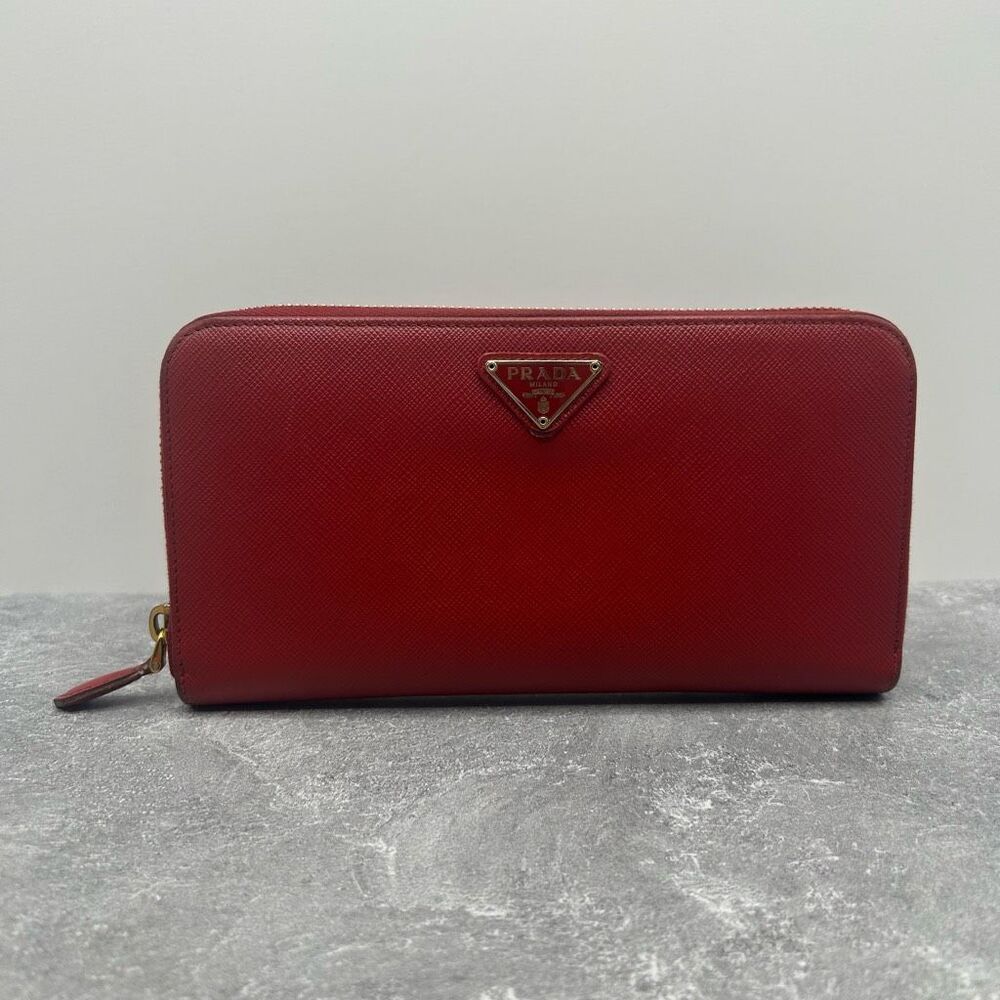 Prada Saffiano Leather Red Triangle Zip Around Wallet Card Slots Zipper Compartm